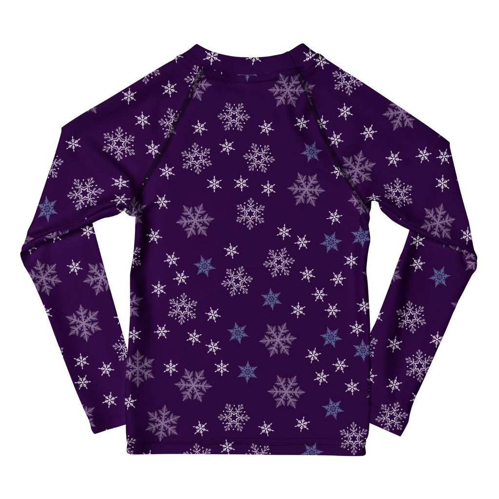 Kids purple long sleeve rash guard swim shirt with white and light blue snowflake pattern and upf 50+ protection
