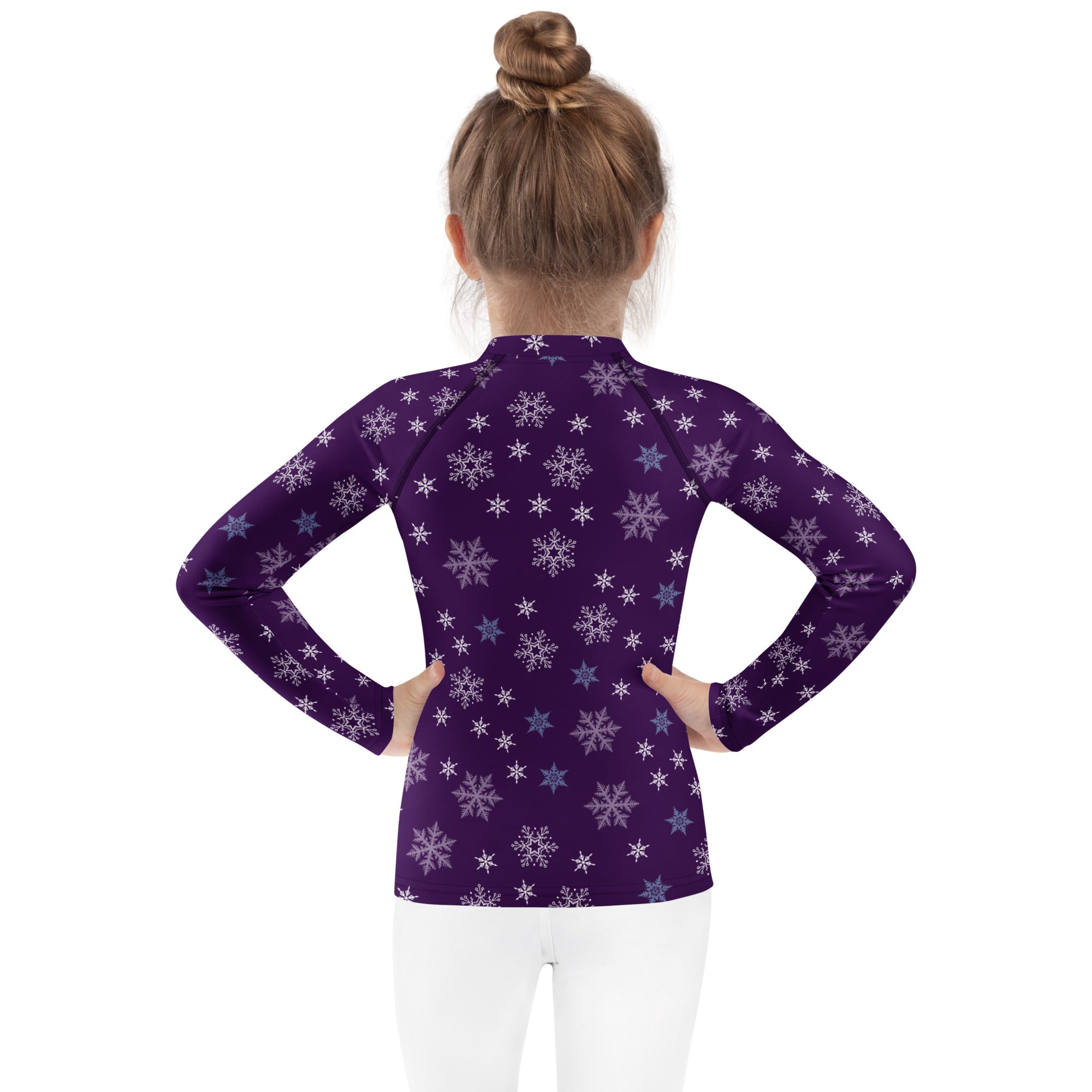 Kids purple long sleeve rash guard swim shirt with white and light blue snowflake pattern and upf 50+ protection