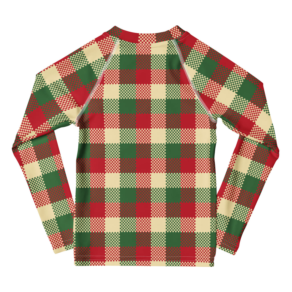 Kids christmas plaid long sleeve rash guard swim shirt with upf 50 plus featuring festive red green and cream checkered pattern