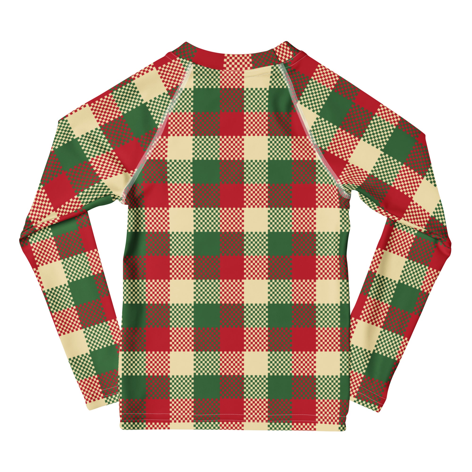 Kids christmas plaid long sleeve rash guard swim shirt with upf 50 plus featuring festive red green and cream checkered pattern