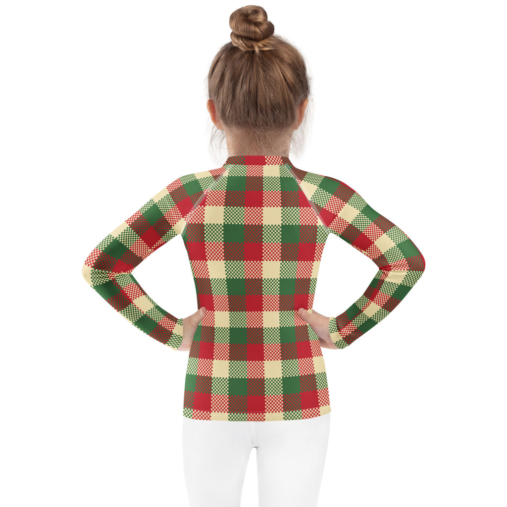 Kids christmas plaid long sleeve rash guard swim shirt with upf 50 plus in red green and cream festive pattern