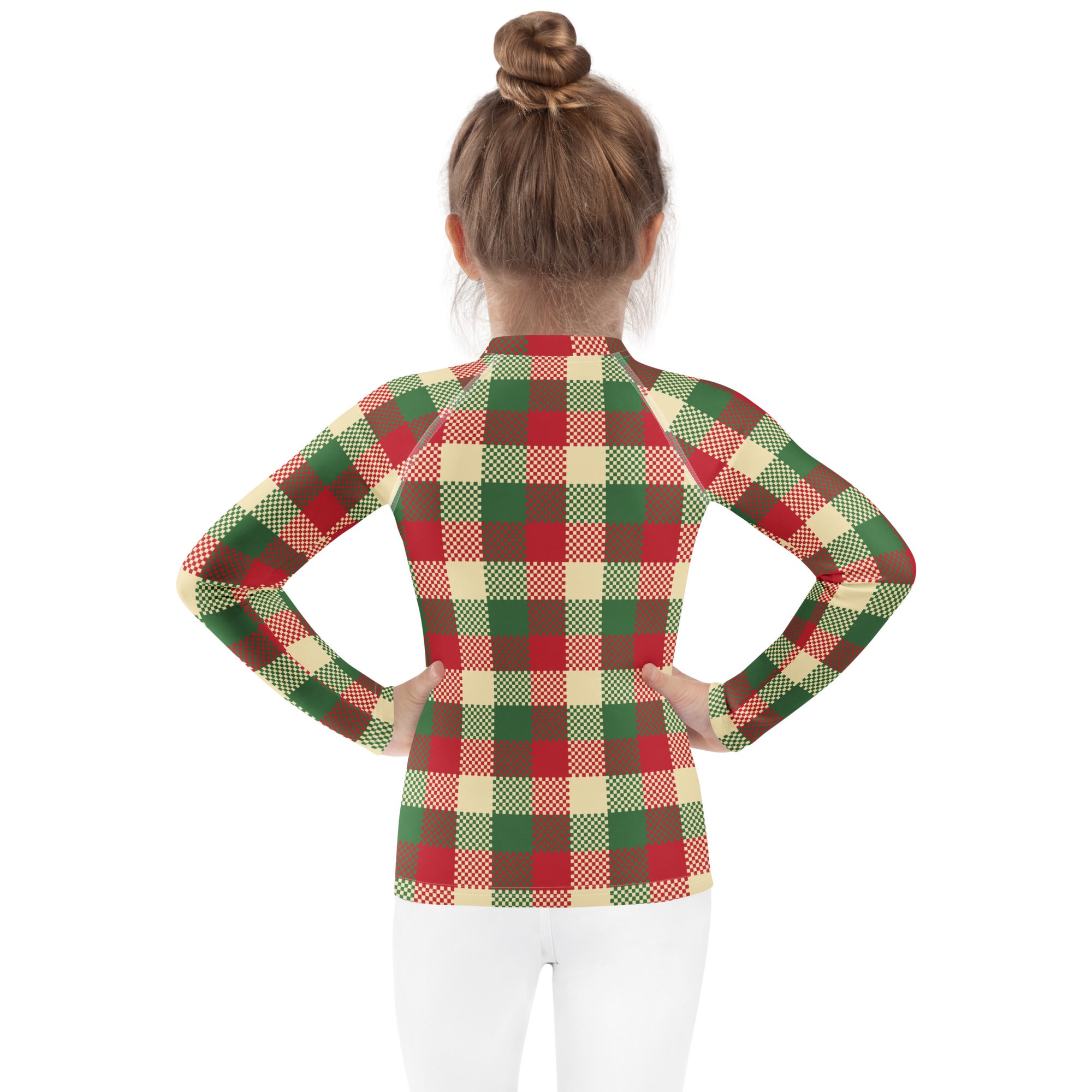 Kids christmas plaid long sleeve rash guard swim shirt with upf 50 plus in red green and cream festive pattern