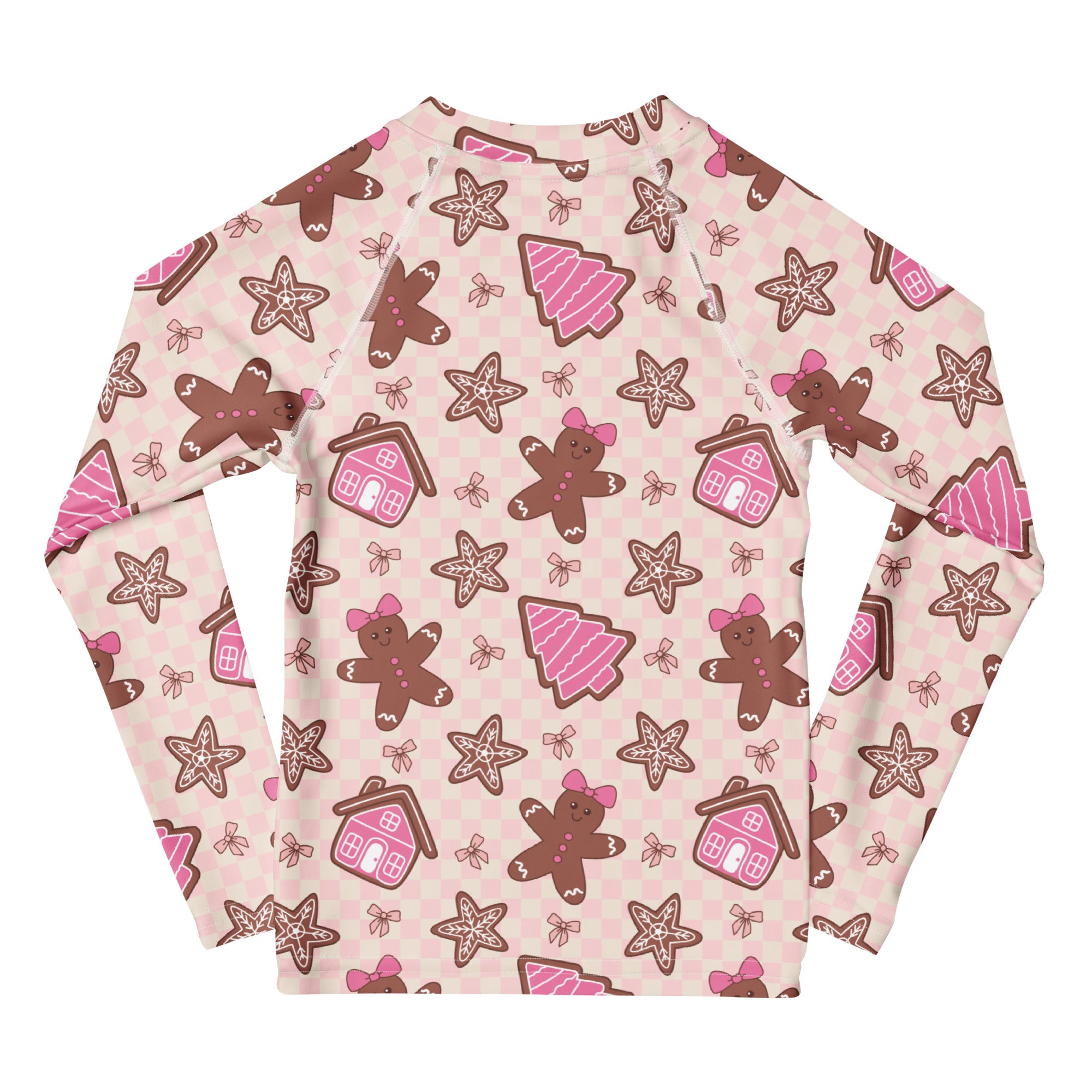 Kids pink long sleeve rash guard swim shirt with gingerbread men pattern and UPF 50 plus sun protection