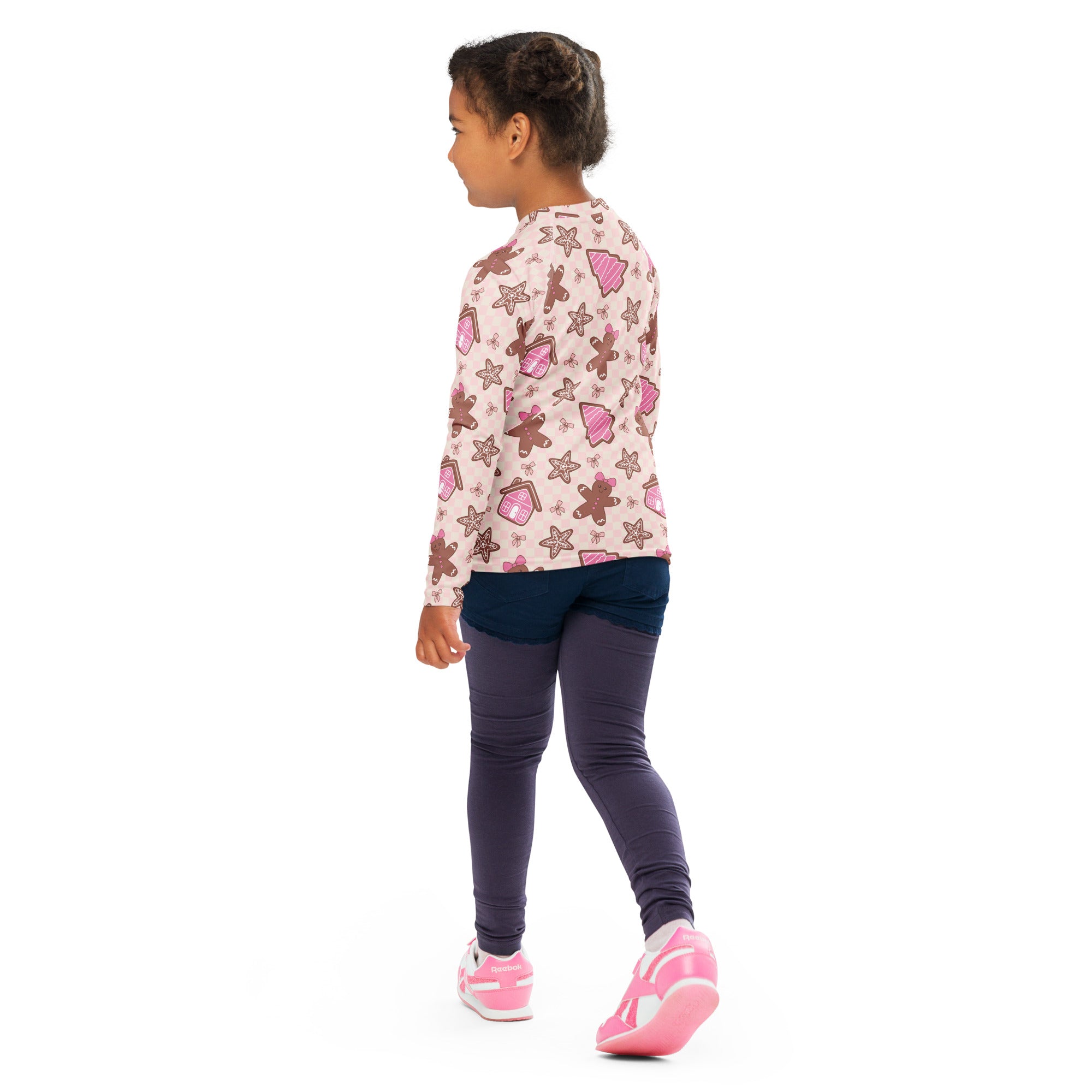 Kids pink gingerbread christmas long sleeve rash guard swim shirt with star patterns and upf 50 plus protection