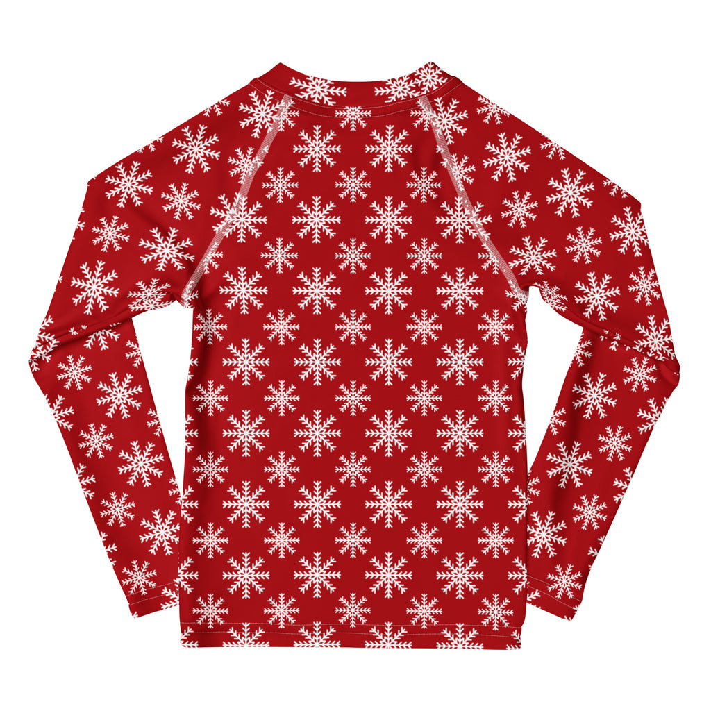 Kids red long sleeve rash guard swim shirt with white snowflake pattern and UPF 50 plus sun protection
