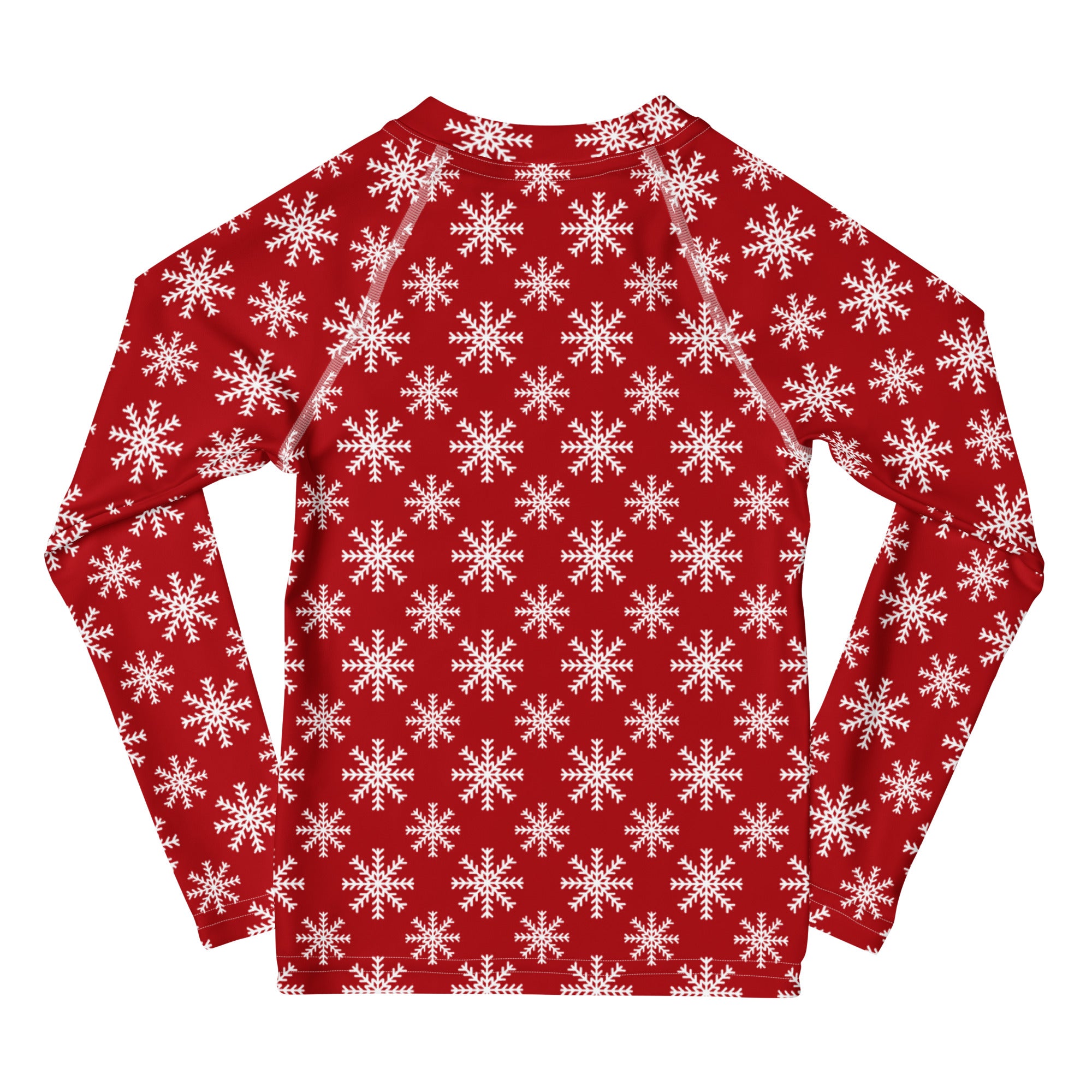 Kids red long sleeve rash guard swim shirt with white snowflake pattern and UPF 50 plus sun protection