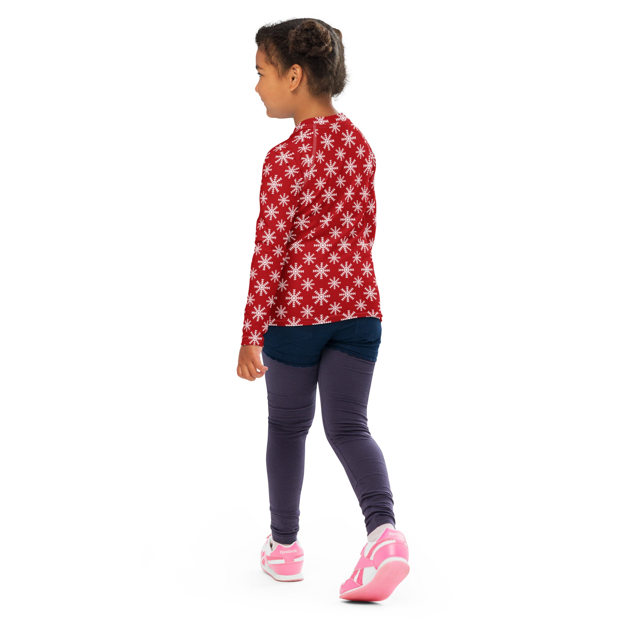 Kids red long sleeve rash guard swim shirt with white snowflake pattern and upf 50 plus for sun protection