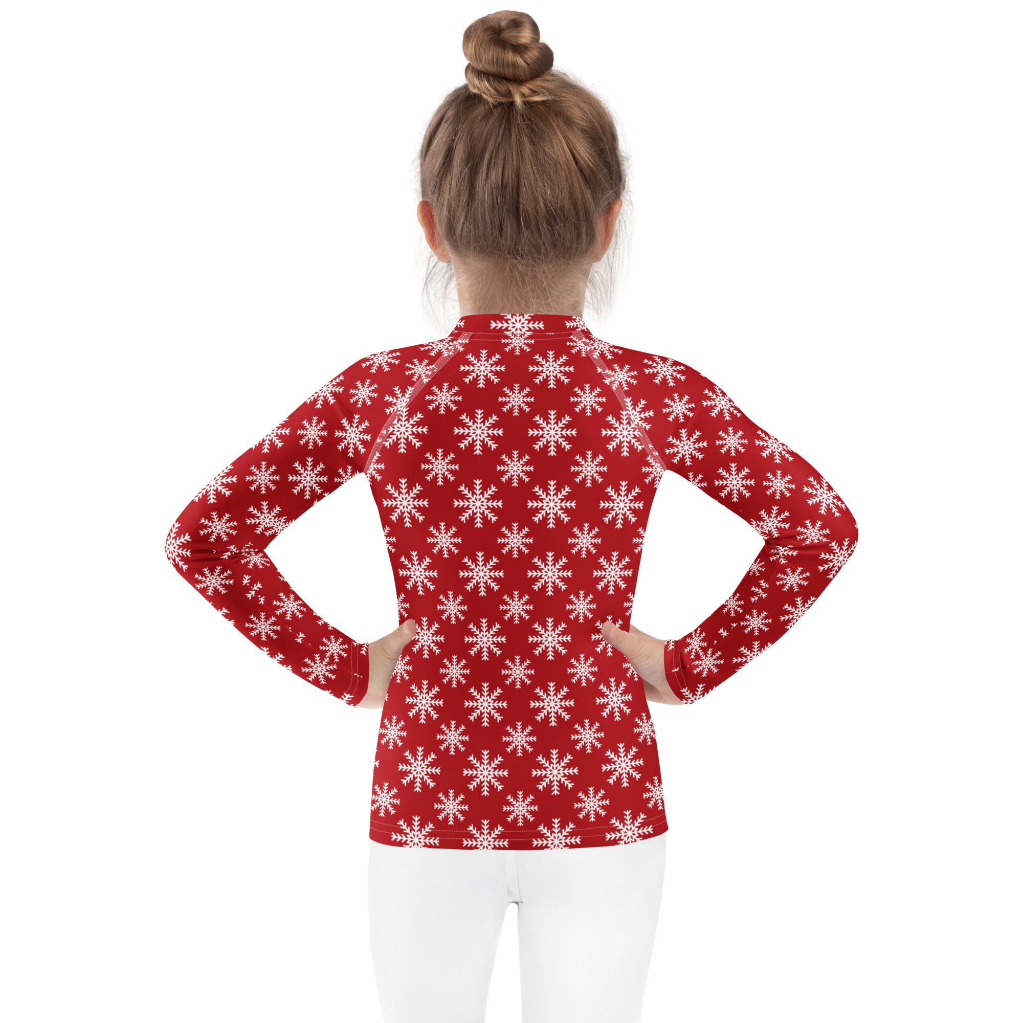 Kids red long sleeve rash guard swim shirt with white snowflake pattern and UPF 50 plus for sun protection