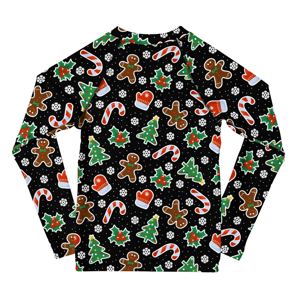Kids black long sleeve rash guard swim shirt with upf 50 and festive gingerbread men candy cane pattern