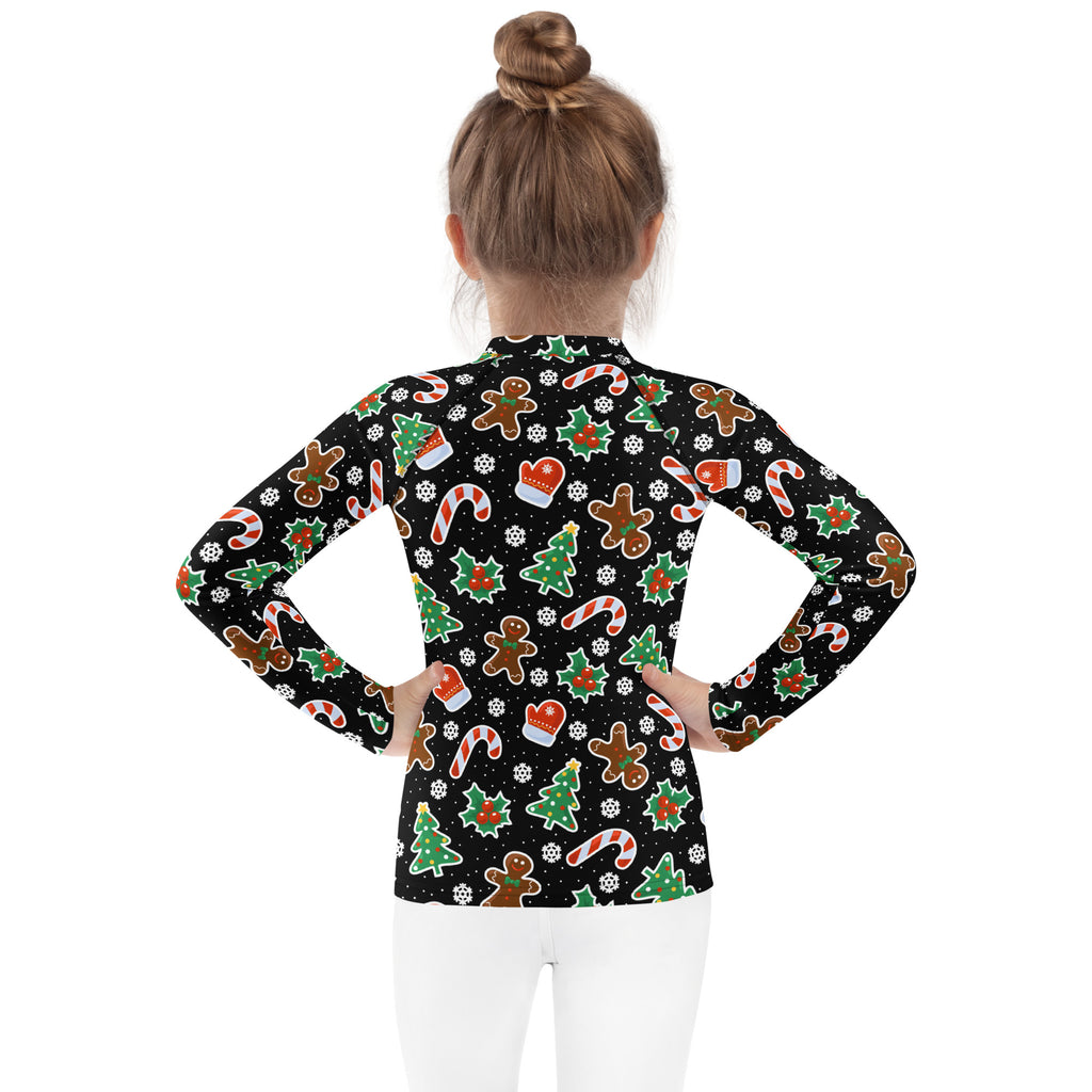 Kids black Christmas cookie and candy cane long sleeve rash guard swim shirt with festive holiday print and UPF 50+ protection