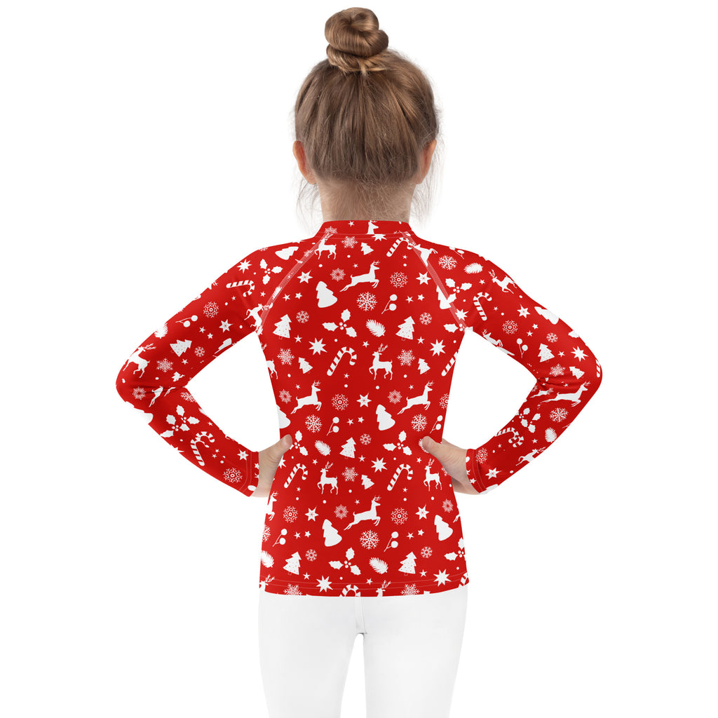 Kids red christmas long sleeve rash guard swim shirt with upf 50 plus featuring white reindeer candy canes and snowflakes