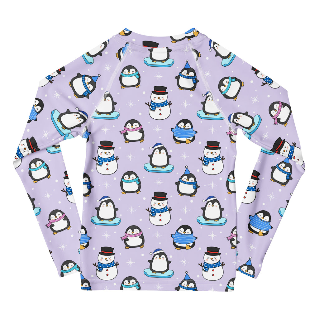 Kids Winter Penguin Long Sleeve Rash Guard Swim Shirt With UPF 50+
