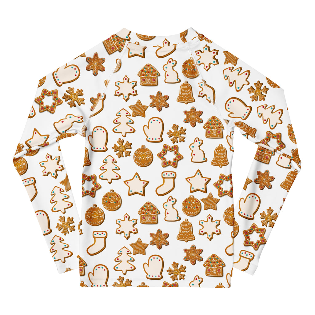 White kids long sleeve rash guard with holiday gingerbread cookie pattern and upf 50+ sun protection