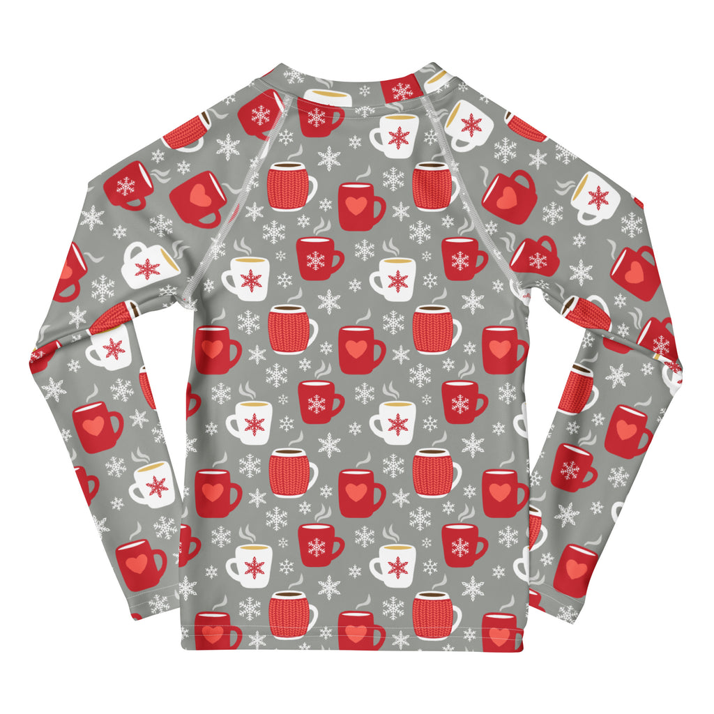 Gray kids long sleeve rash guard swim shirt with festive red and white mugs pattern and upf 50 plus sun protection