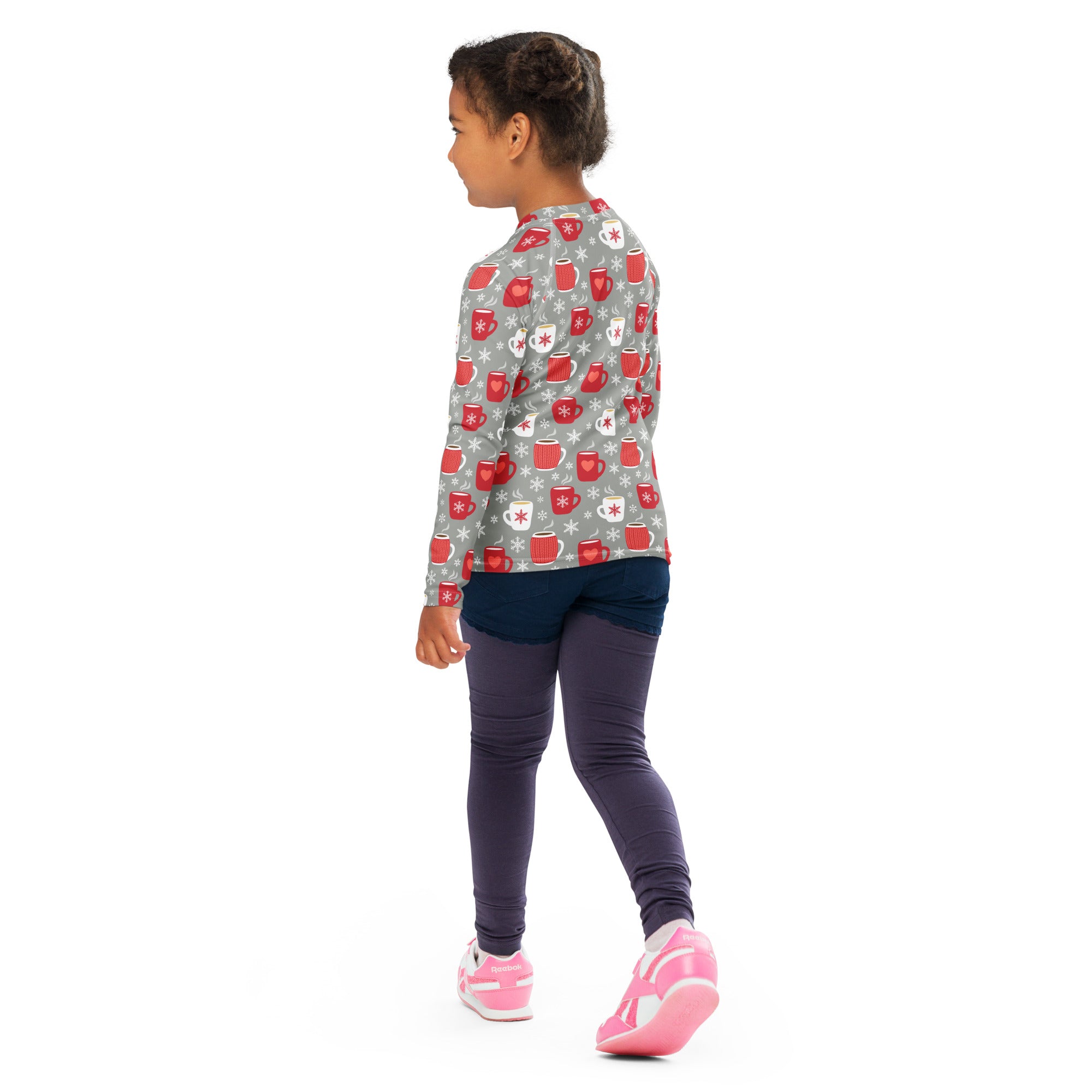 Kids gray long sleeve rash guard swim shirt with red holiday mug and snowflake pattern upf 50 plus protection