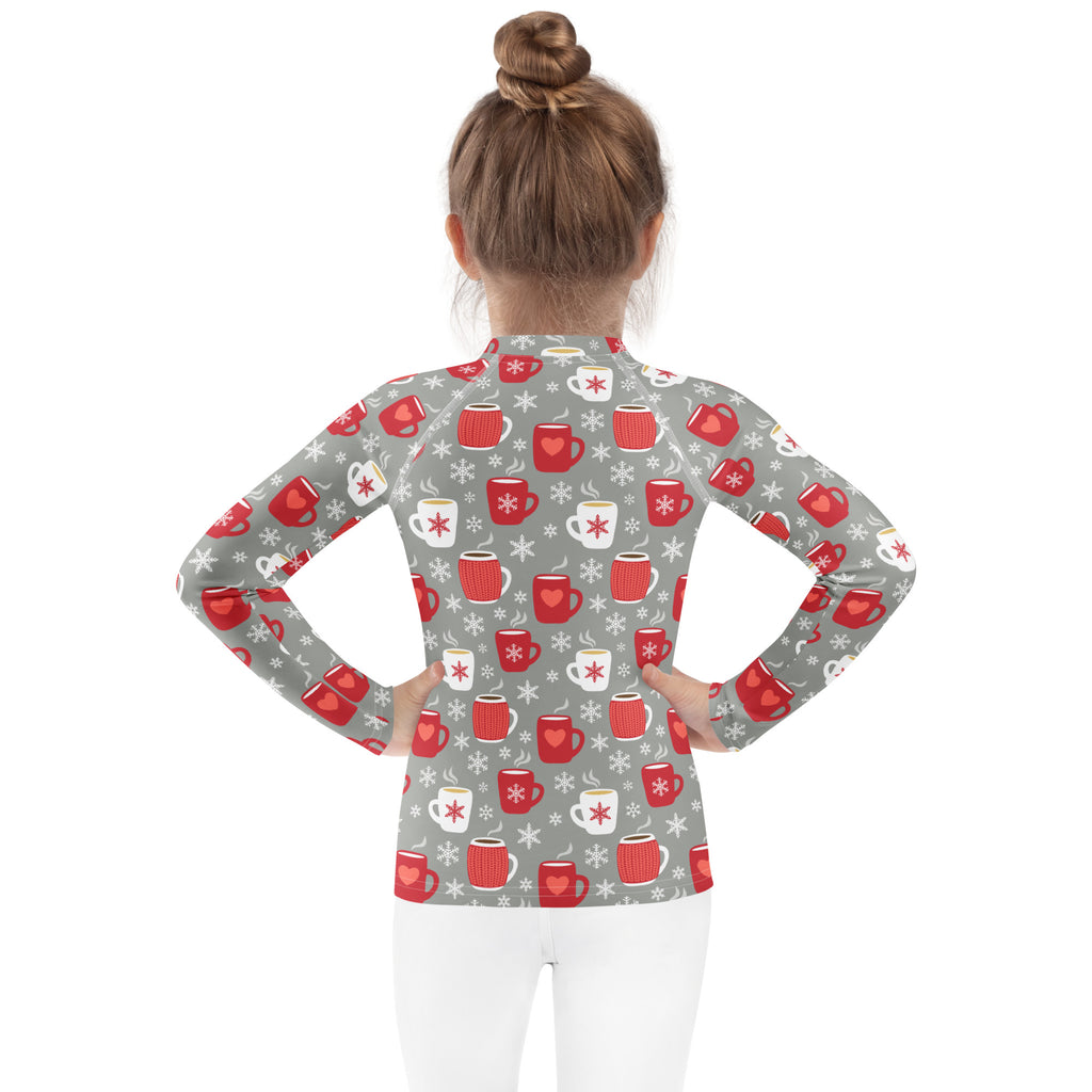 Gray kids hot cocoa christmas long sleeve rash guard swim shirt with red and white mugs hearts snowflakes and upf 50+