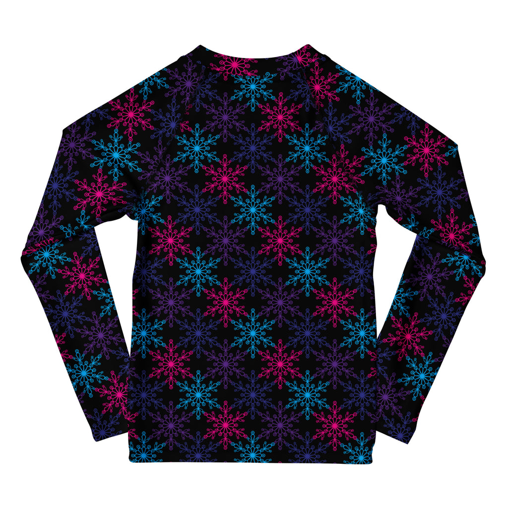 Black kids long sleeve rash guard with neon pink and cyan snowflake pattern and upf 50 plus sun protection