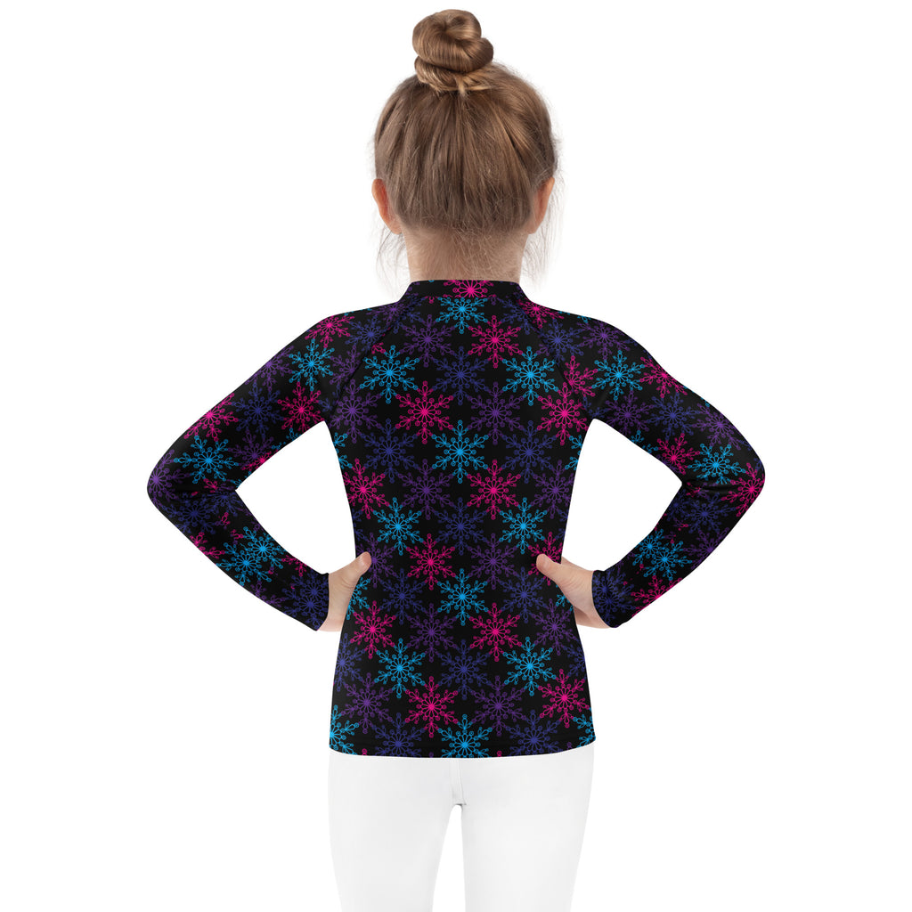 Kids neon snowflakes christmas long sleeve rash guard swim shirt with upf 50 plus black with neon blue and pink snowflakes