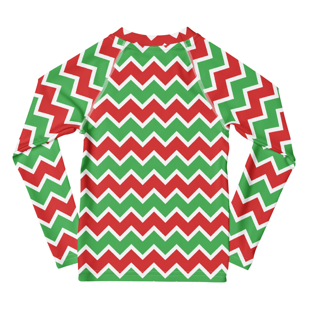 Kids christmas chevron long sleeve rash guard swim shirt with upf 50 featuring a red green and white zigzag pattern