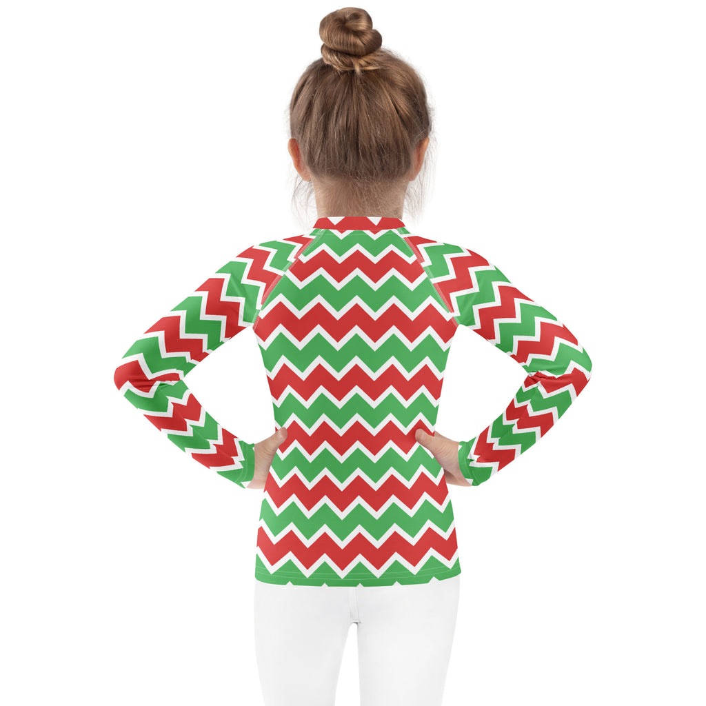 Kids christmas chevron long sleeve rash guard swim shirt with upf 50 plus featuring red green zigzag pattern and white accents