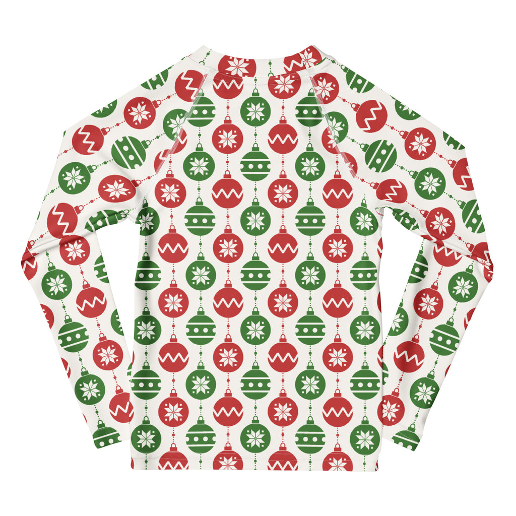 Kids red and green christmas ornament long sleeve rash guard with upf 50 plus featuring festive pattern on cream background