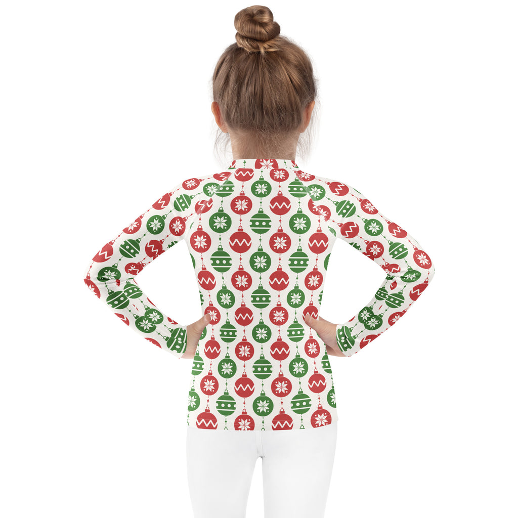 Kids red and green christmas ornament long sleeve rash guard swim shirt with UPF 50 plus featuring festive pattern