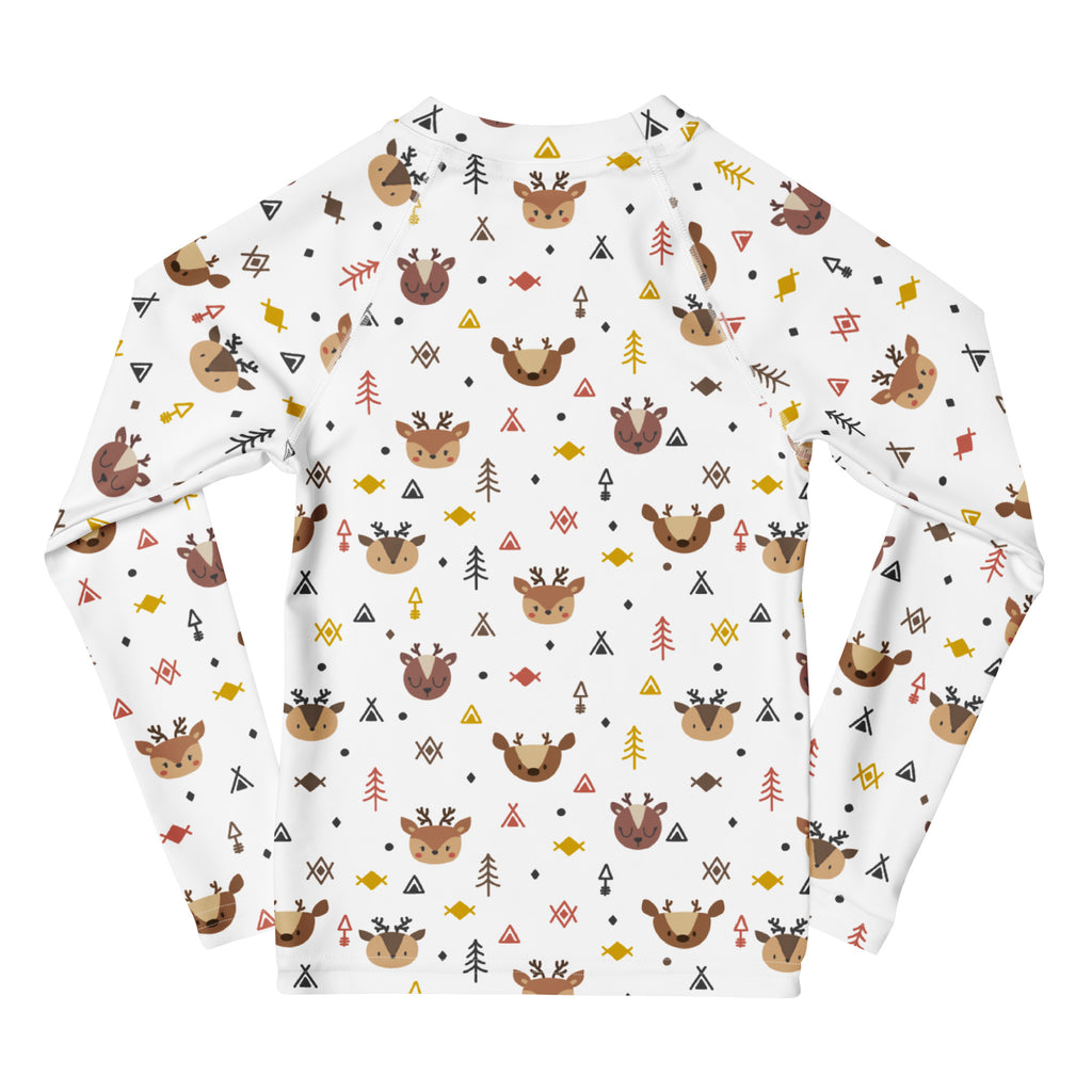 Kids reindeer forest Christmas long sleeve white rash guard swim shirt with playful deer fish pattern and UPF 50+ protection