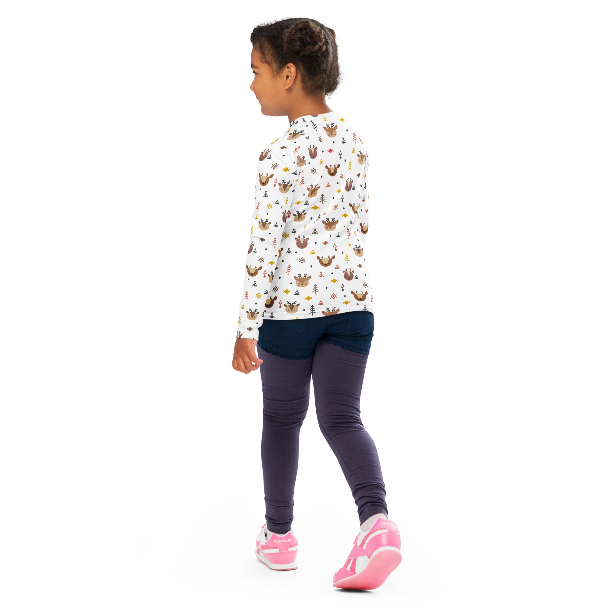 Kids reindeer forest christmas long sleeve rash guard swim shirt with upf 50 plus featuring brown deer and green trees pattern