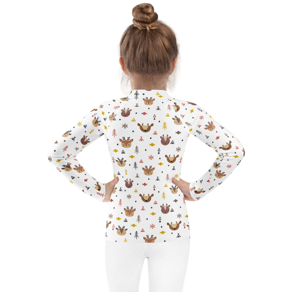 Kids reindeer forest christmas long sleeve rash guard swim shirt with upf 50 and playful deer pattern on white