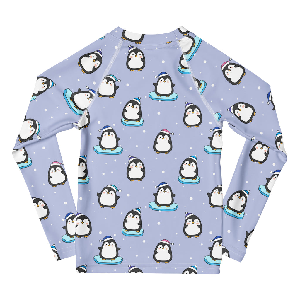 Kids Cute Penguin Christmas Long Sleeve Rash Guard Swim Shirt With UPF 50+