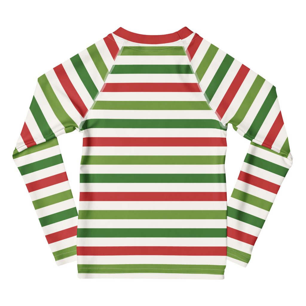 Kids red and green christmas stripes long sleeve rash guard swim shirt with bold horizontal stripes and upf 50+ protection