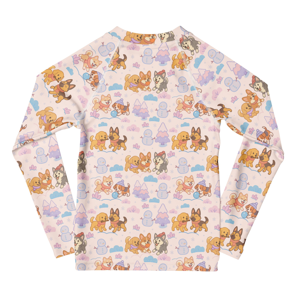 Kids winter dogs stripes long sleeve rash guard swim shirt in light pink with cartoon winter dog pattern and upf 50+ protection