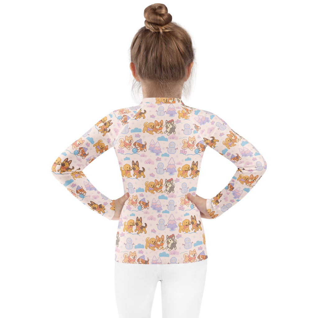 Pink kids winter dogs stripes long sleeve rash guard swim shirt with upf 50 featuring cartoon dogs snowmen and mountains pattern