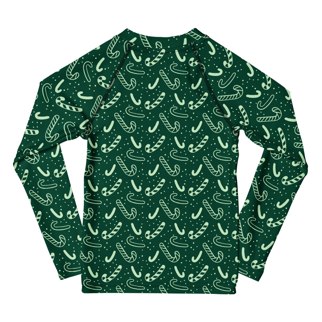Kids green long-sleeve rash guard with festive light mint candy cane pattern and upf 50 plus sun protection