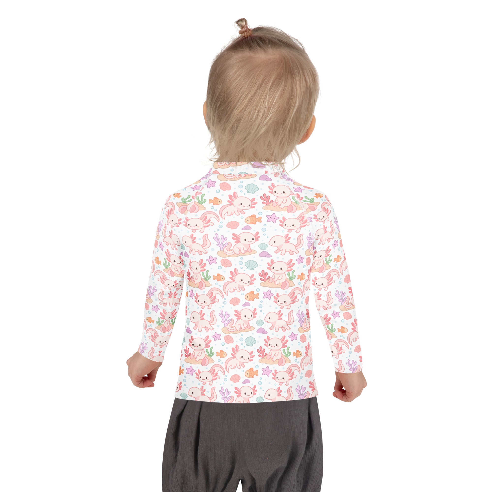 Girls axolotl long sleeve rash guard swim shirt with upf 50 plus featuring pink axolotls and sea creatures on white