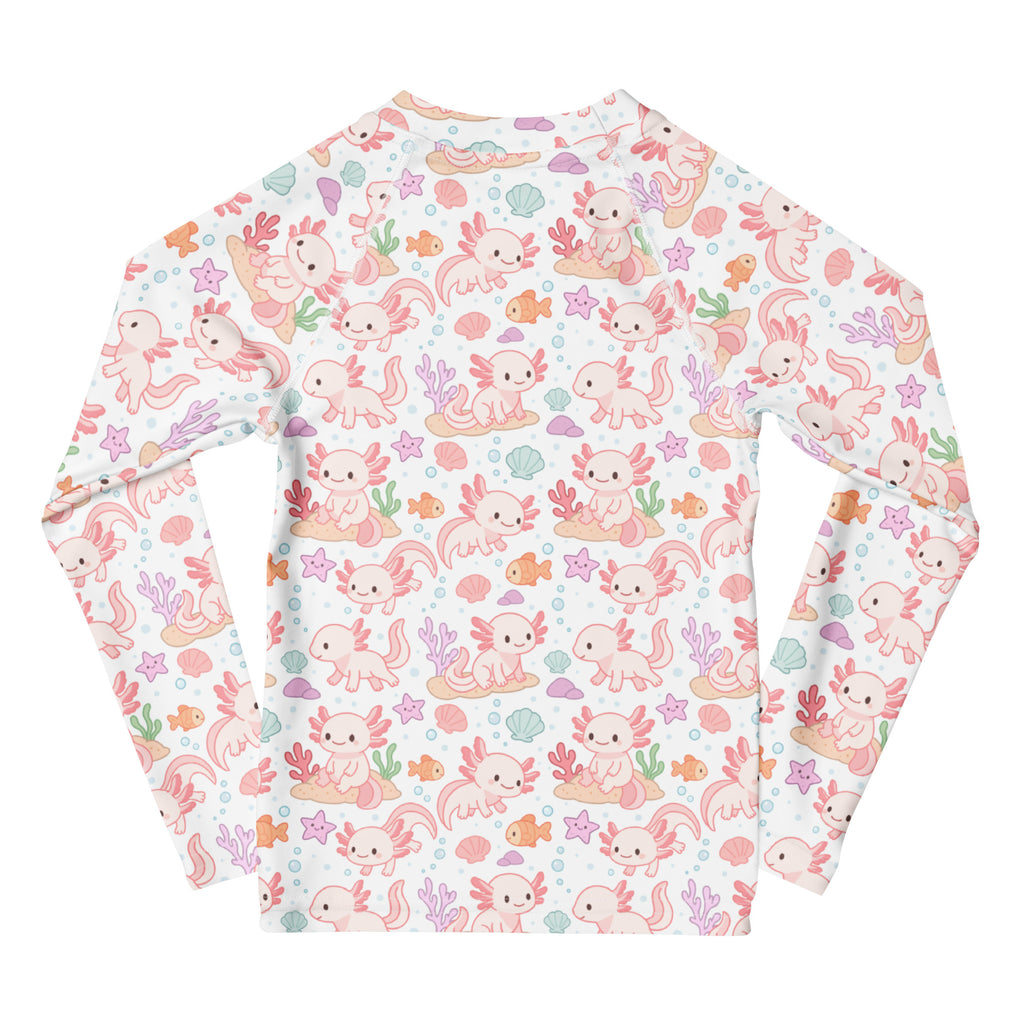 Girls axolotl long sleeve rash guard swim shirt with upf 50 plus white with pink axolotls orange fish and coral pattern