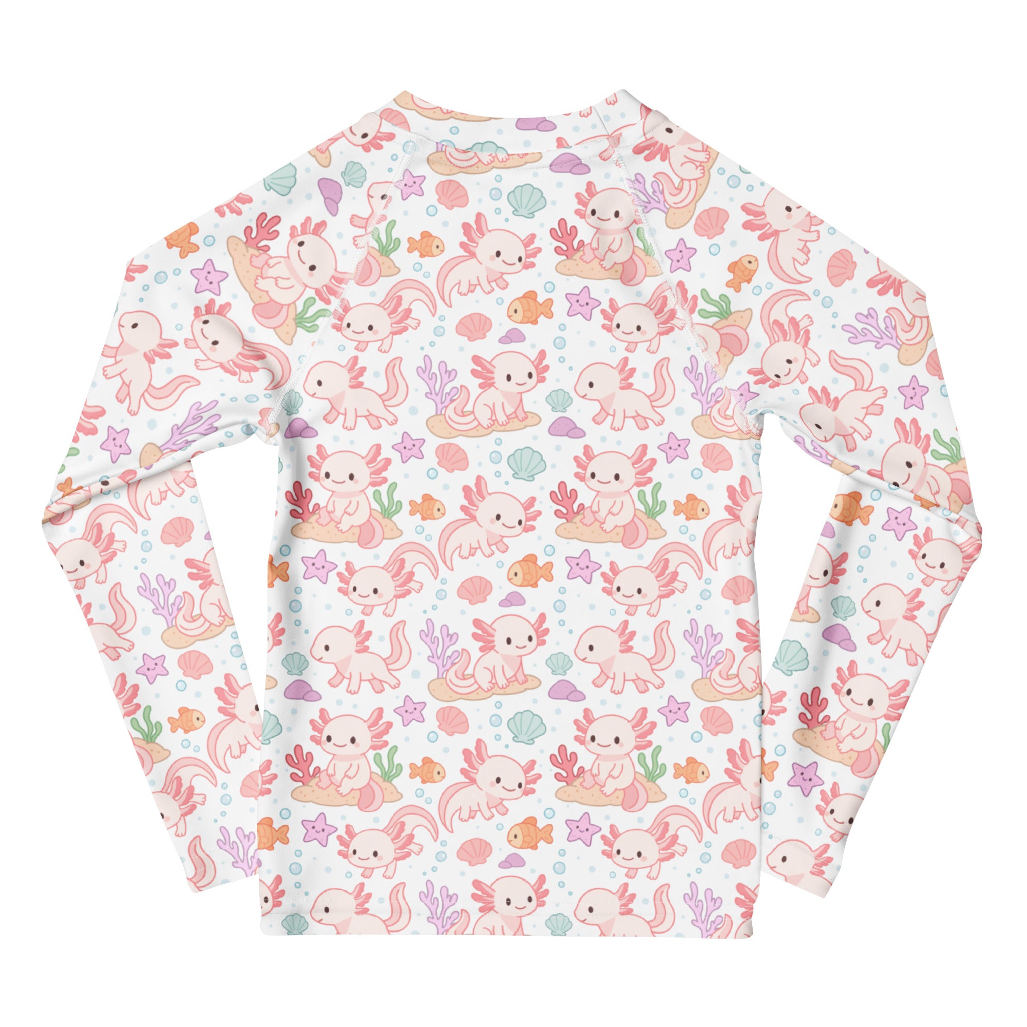 Girls axolotl long sleeve rash guard swim shirt with upf 50 plus white with pink axolotls orange fish and coral pattern