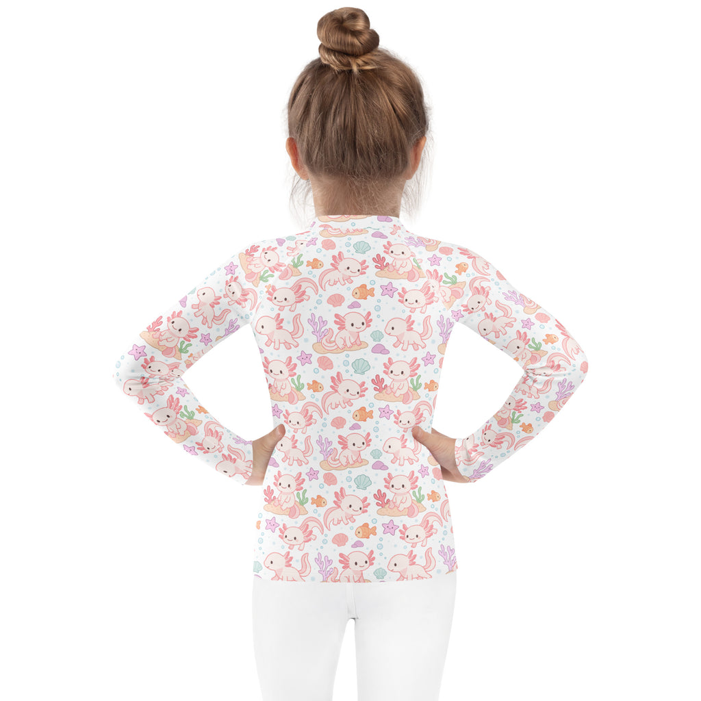 Girls white long sleeve rash guard swim shirt with pink axolotl seashell star pattern and upf 50 plus protection