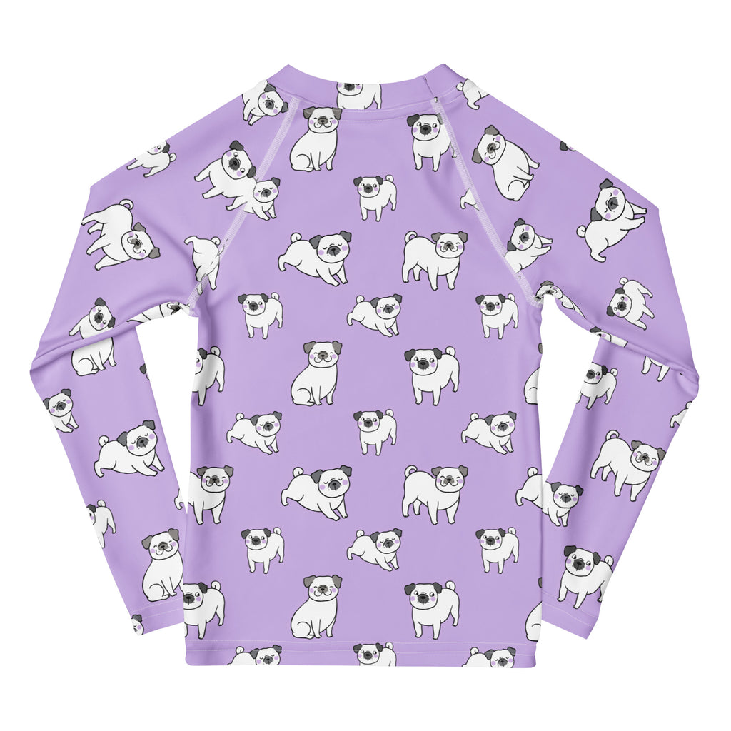 Girls Purple Pug Long Sleeve Rash Guard Swim Shirt – Buttery Soft, Sun Safe UPF 50+ Protection, Quick Dry & 4-Way Stretch Comfort