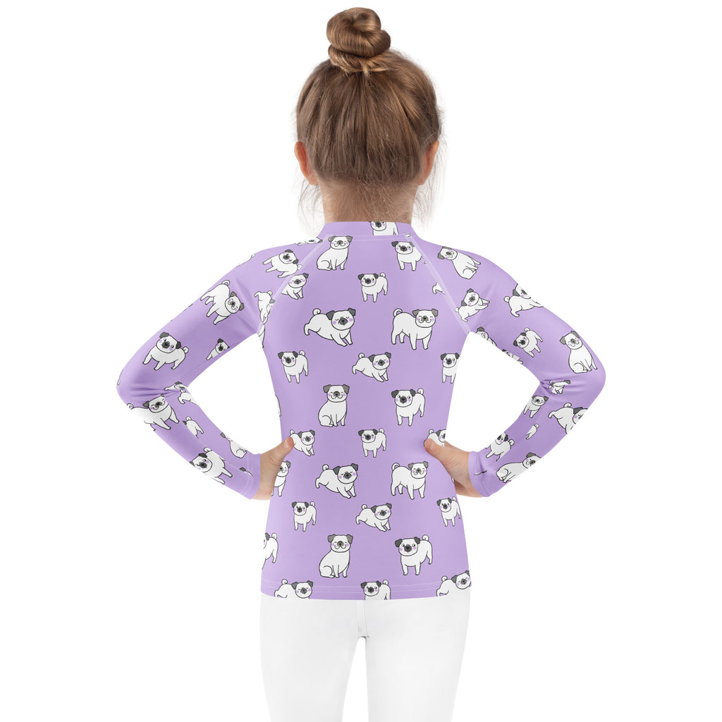 Girls Purple Pug Long Sleeve Rash Guard Swim Shirt – Buttery Soft, Sun Safe UPF 50+ Protection, Quick Dry & 4-Way Stretch Comfort