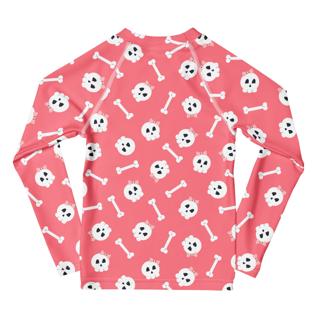 Girls Pink Skulls Halloween Long Sleeve Rash Guard Swim Shirt – Buttery Soft, Sun Safe UPF 50+ Protection, Quick Dry & 4-Way Stretch Comfort