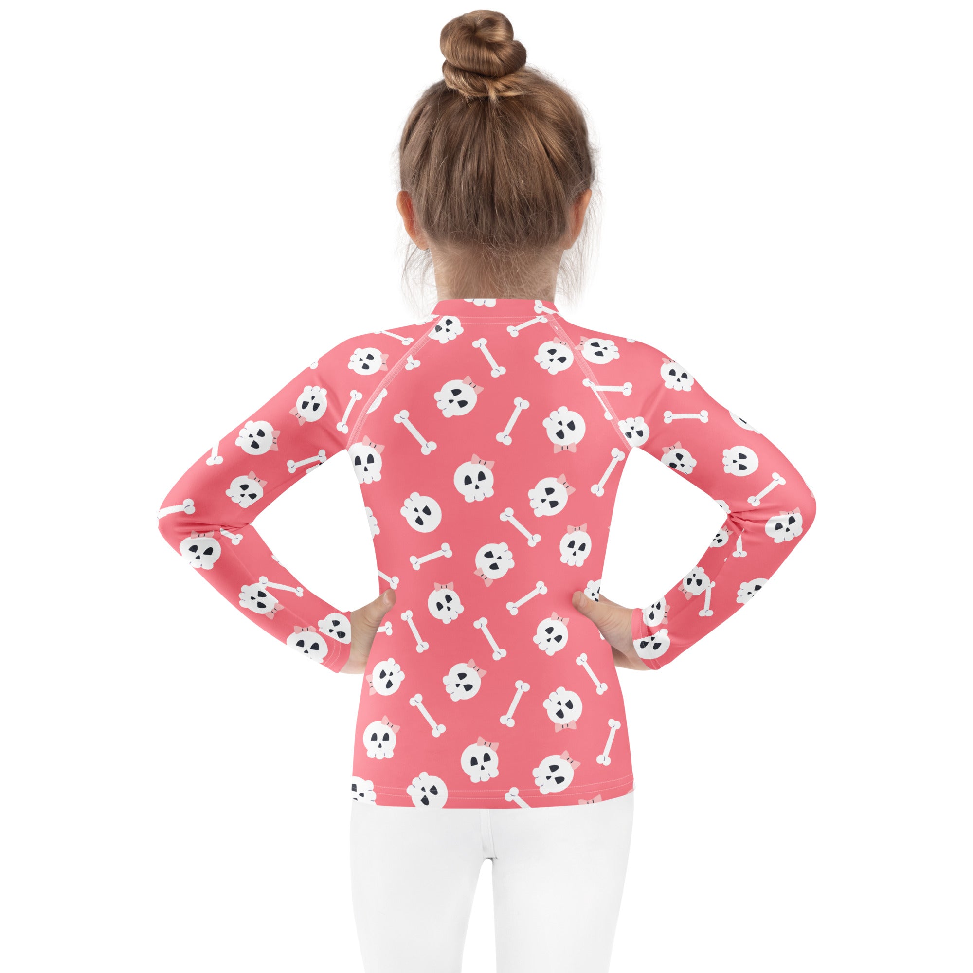 Girls Pink Skulls Halloween Long Sleeve Rash Guard Swim Shirt – Buttery Soft, Sun Safe UPF 50+ Protection, Quick Dry & 4-Way Stretch Comfort