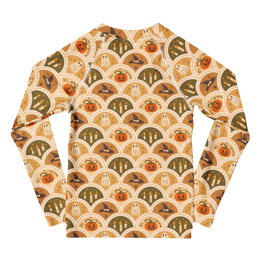 Kids Vintage Halloween Long Sleeve Rash Guard Swim Shirt – Buttery Soft, Sun Safe UPF 50+ Protection, Quick Dry & 4-Way Stretch Comfort