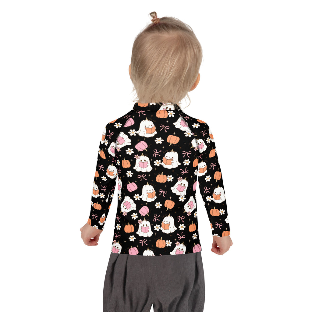 Girls Cute Floral Ghosts and Pumpkins Long Sleeve Rash Guard Swim Shirt – Buttery Soft, Sun Safe UPF 50+ Protection, Quick Dry & 4-Way Stretch Comfort