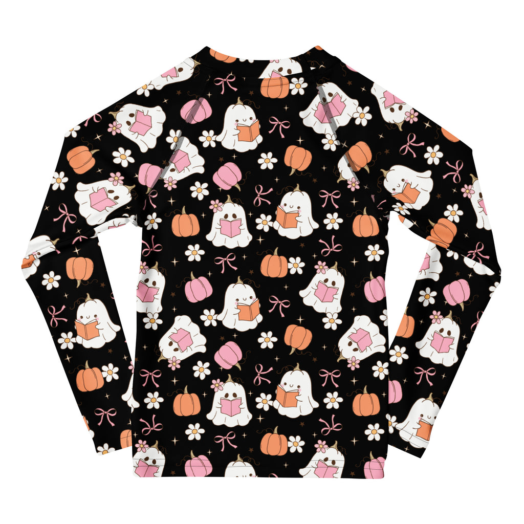 Girls Cute Floral Ghosts and Pumpkins Long Sleeve Rash Guard Swim Shirt – Buttery Soft, Sun Safe UPF 50+ Protection, Quick Dry & 4-Way Stretch Comfort