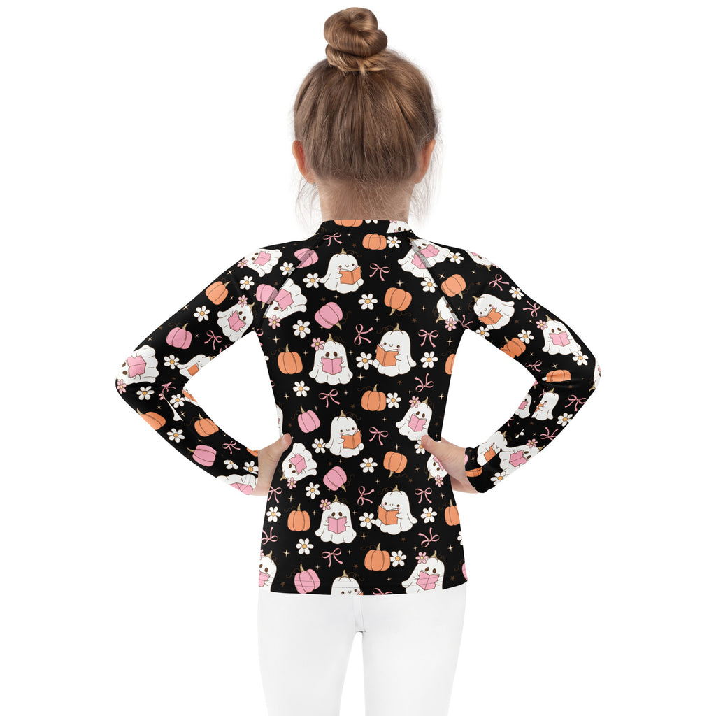 Girls Cute Floral Ghosts and Pumpkins Long Sleeve Rash Guard Swim Shirt – Buttery Soft, Sun Safe UPF 50+ Protection, Quick Dry & 4-Way Stretch Comfort