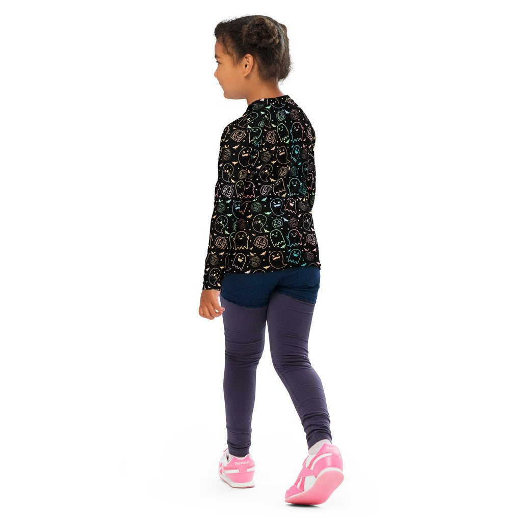 Girls Pastel Rainbow Halloween Long Sleeve Rash Guard Swim Shirt – Buttery Soft, Sun Safe UPF 50+ Protection, Quick Dry & 4-Way Stretch Comfort