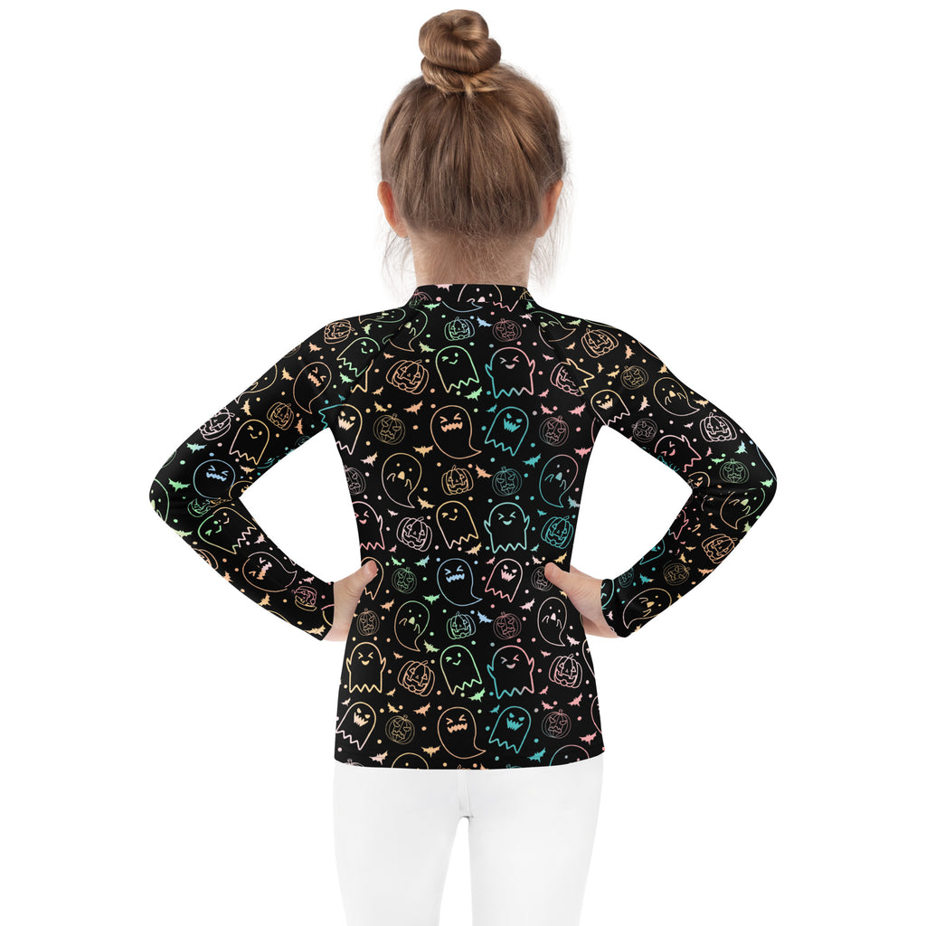 Girls Pastel Rainbow Halloween Long Sleeve Rash Guard Swim Shirt – Buttery Soft, Sun Safe UPF 50+ Protection, Quick Dry & 4-Way Stretch Comfort