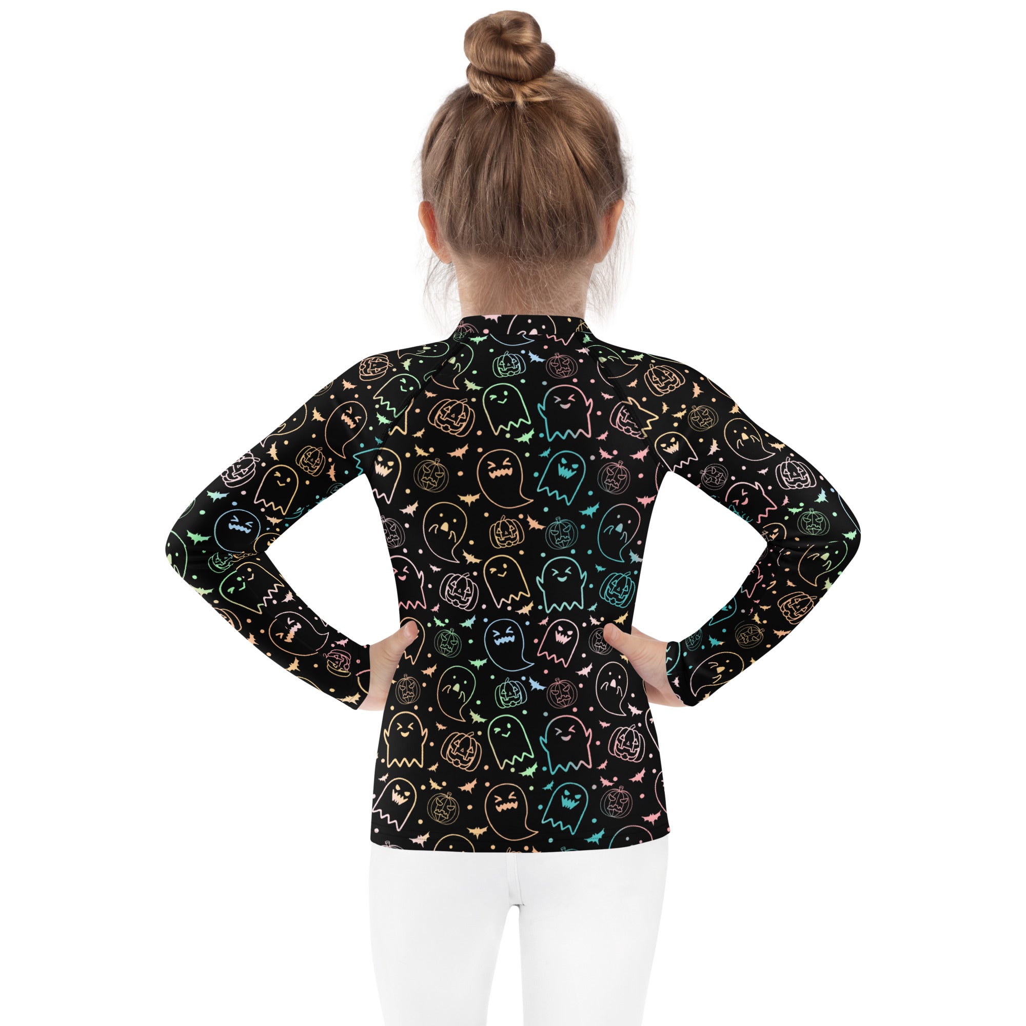 Girls Pastel Rainbow Halloween Long Sleeve Rash Guard Swim Shirt – Buttery Soft, Sun Safe UPF 50+ Protection, Quick Dry & 4-Way Stretch Comfort