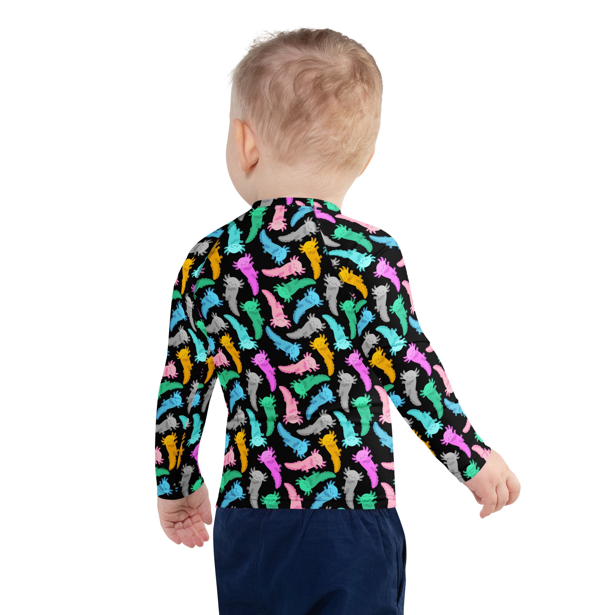 Kids Colorful Axolotl Long Sleeve Rash Guard Swim Shirt – Buttery Soft, Sun Safe UPF 50+ Protection, Quick Dry & 4-Way Stretch Comfort